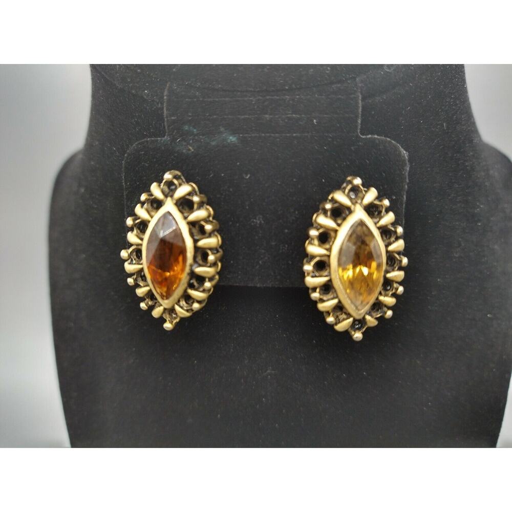 Vintage Amber Glass Marquise Stone Brass Tone Post Earrings